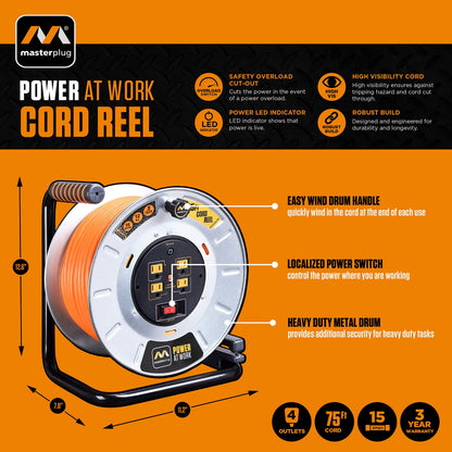 Masterplug Metal Steel Drum with Four Powered Outlets, Open Cord Reel Extension Cord with Winding Handle, Overload Circuit Breaker and Power Switch, 75 Feet 12AWG, High Visibility Cord