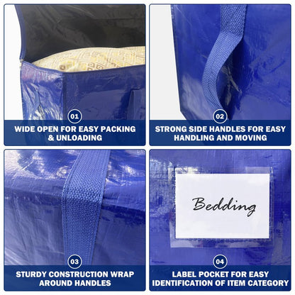 8 Pack Extra Heavy Duty Large Moving Bags with Strong Zipper & Carrying Handles, Sturdy Clothes Storage Bag Totes Bins, Packing Bags Moving Boxes College Moving Supplies, Dark Blue - 33 gal