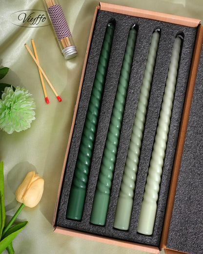 Viyffo Spiral Taper Candles 11 Inch – 4 Pack Green, Dripless, Unscented, Smokeless – 9 Hour Burn – Tall Candlesticks for Wedding, Dinner, Holiday, Party, Home Decor