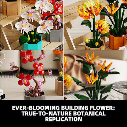 Flower Bouquet Building Blocks 4 Set Artificial Flowers Toys Botanical Collection DIY Unique Home&ampOffice Bonsai Decoration Adults Teen Girls for Birthday
