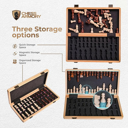 15 Inch Magnetic Wooden Chess Set for Adults &amp Kids - Folding Travel Chess Board with Handcrafted Staunton Pieces Extra Queens and Storage Slots