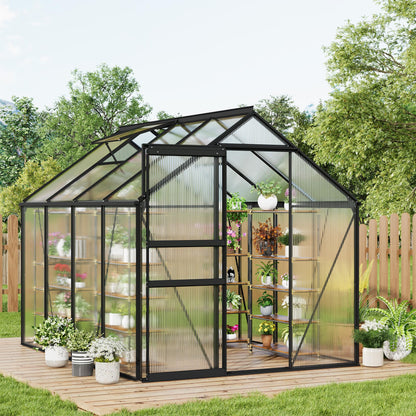 6x8FT Greenhouse for Outdoors, Walk-in Polycarbonate Greenhouse with Sliding Door, Adjustable Roof Vent & Gutter System, Portable Outdoor Green House Kit for Winter Gardening