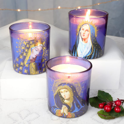 FLAVCHARM Blessed Virgin Mary Scented Candles - Set of 3 Purple Glass Votive Candles for Church Vigil Devotional and Catholic Home Altar - Long-Lasting Burning, Rosemary Scented Soy Wax Jar Candles