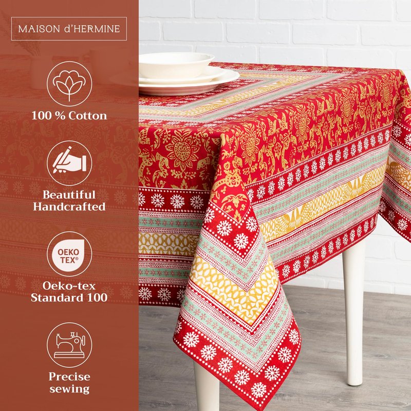 Maison d' Hermine Table Cloth Rectangle Table 100% Cotton 70 x 120 Inches Fall Tablecloth Reusable Everyday Use for Thanksgiving Christmas Decorations Dining Farmhouse Party (Sofia)