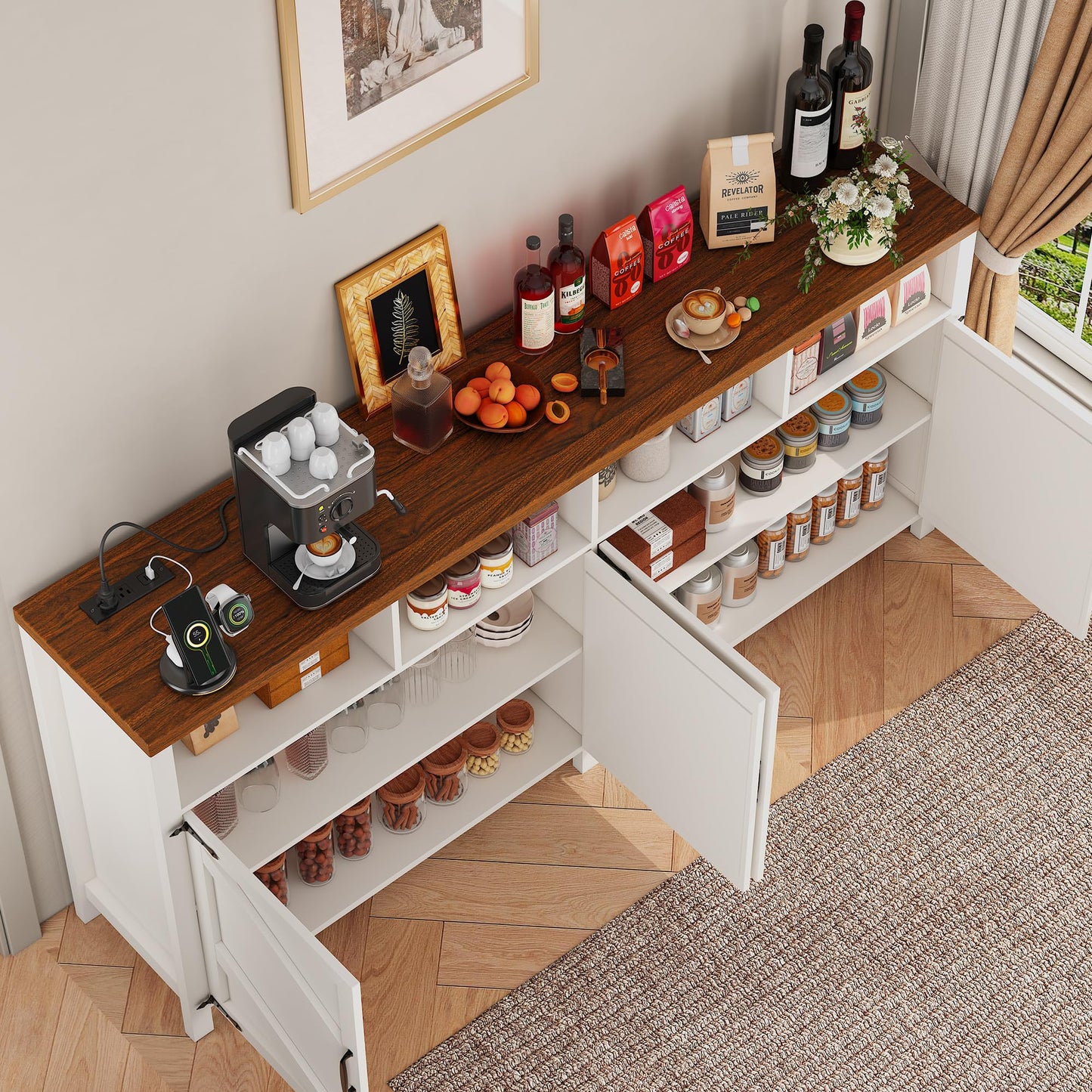 knoworld 63'' Buffet Sideboard with Storage with Power Outlets & LED Light 4 Doors, Large Farmhouse Kitchen Storage Cabinet Wood Coffee Bar Cabinet Buffet Table for Kitchen, Dining Room, Entryway