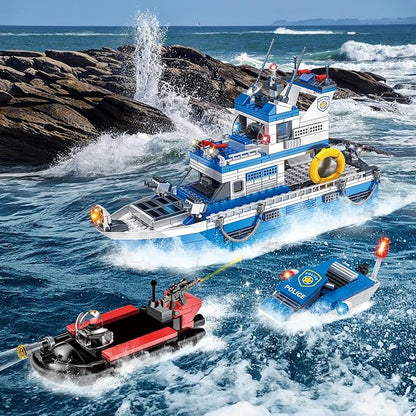 Police Boat Building Set 480 Pcs City Boat STEM Building Toy Including Kayaks and Police Speedboats Toy Christmas Birthday Gift for Kids Boys Girls 6 7 8 9 10+