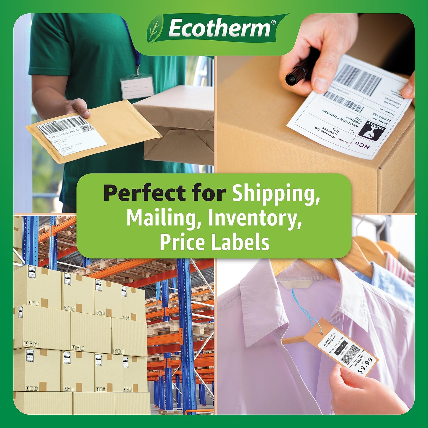 4" x 2" Mobile Printer Labels | 25 Rolls | 7500 Labels | fits Zebra ZQ630, QL420, and QLn420 Printers | Black Mark On Liner | .75" Core Rolls | by Ecotherm