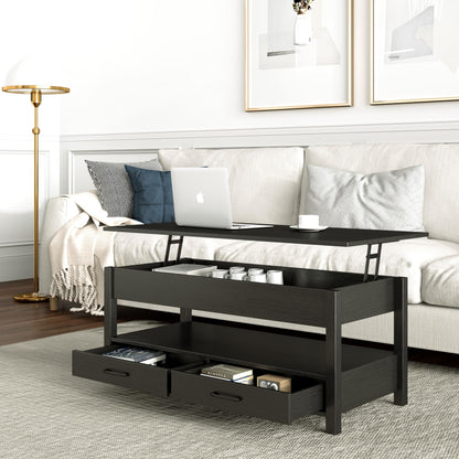 Panana Coffee Table, Lift Top Coffee Table with Hidden Compartment, 2 Drawers and 1 Open Shelf, Retro Central Wooden Table Lift Tabletop for Living Room (Black)