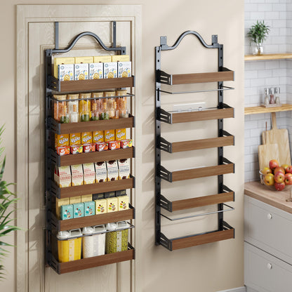 6-Tier Over The Door Pantry Organizer, Heavy-Duty Pantry Organization and Storage with Wooden Adjustable Basket, 2 IN 1 Wall Mount or Hanging Pantry Door Spice Rack, Back of door storage, Black