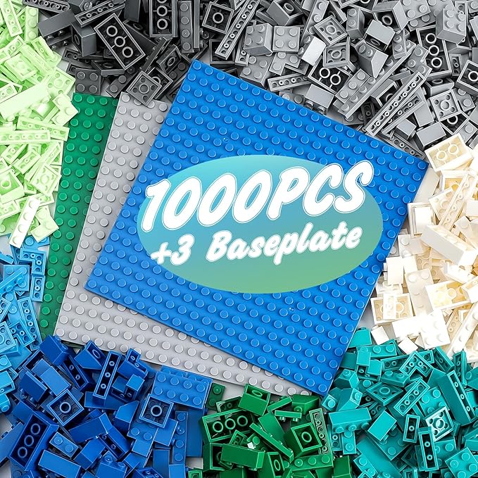 1000 Pieces Classic Building Bricks Classic Stackable Base Plates 3 6.3 x 6.3 Blue Gray and Green Base Plates Compatible with All Major Brands (Natural Colors)