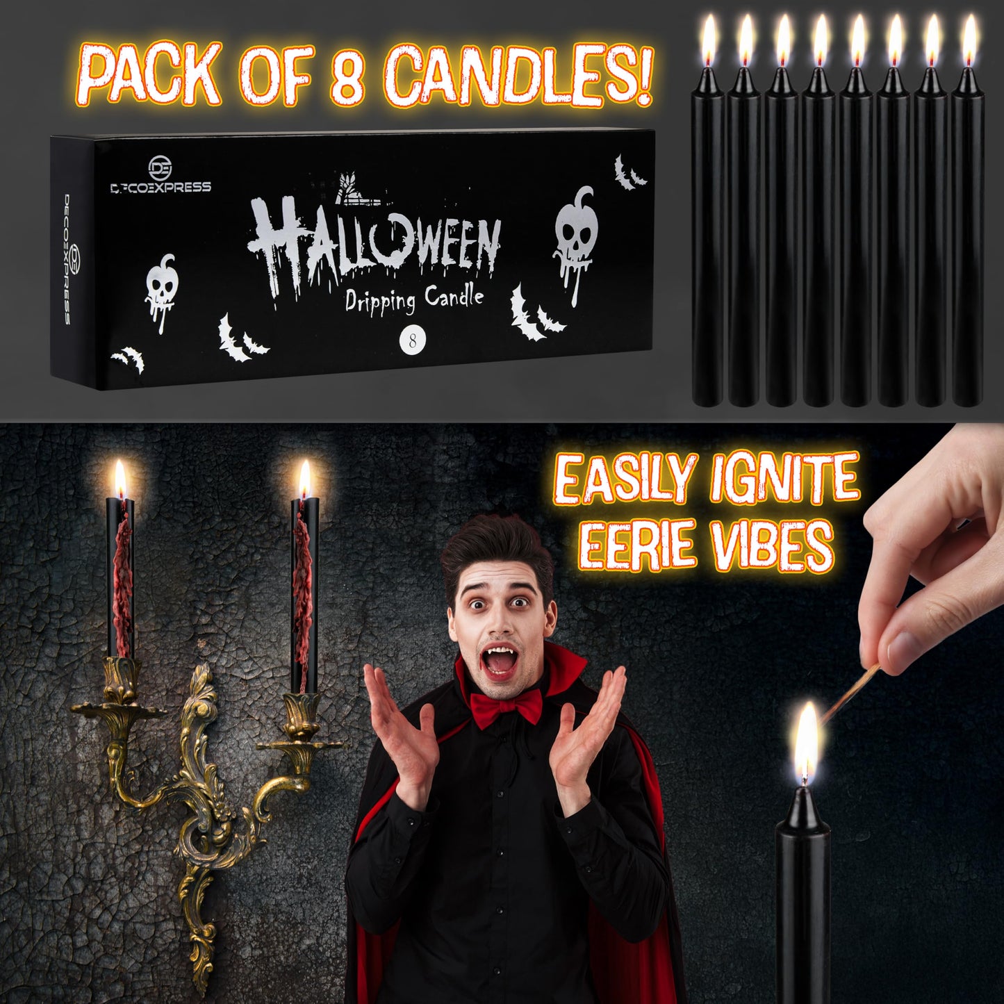 Deco Express Taper Candles Blood Drip Effect 8 Pack Halloween Decor 5 Hr Burn Gothic Table Centerpiece Black Party Candles Goth Gifts (Black Drip)