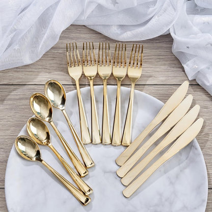 MATANA - 180 Gold Plastic Silverware Set (60 Knives 60 Forks 60 Spoons) Bulk Reusable Gold Plastic Cutlery Utensils for Party, Wedding, Dinner, Heavy Duty