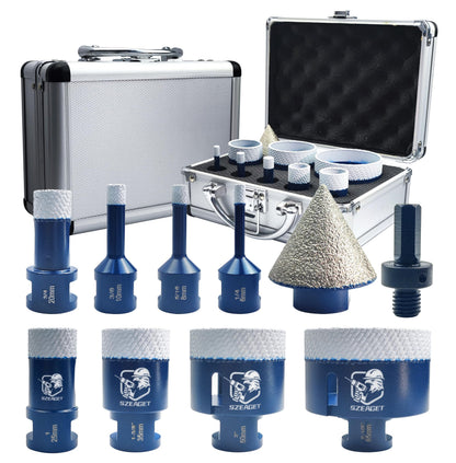 Diamond Tile Hole Saw Kit 9-Piece - SZEAGET Diamond Drill Bits (6/8/10/20/25/35/50/65mm Sizes) + 38mm Diamond Beveling Chamfer Bit for Marble, Granite, Ceramic Tile,10X Longer Life