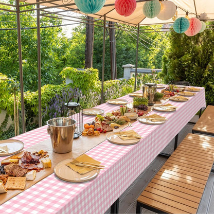 12Pack Pink and White Plastic Checkered Tablecloth, Premium Decorative Disposable Pink Gingham Plaid Table Cloths for Parties, Rectangle Party Table Cover for Picnic Farm Birthday Wedding, 54x108 Inch