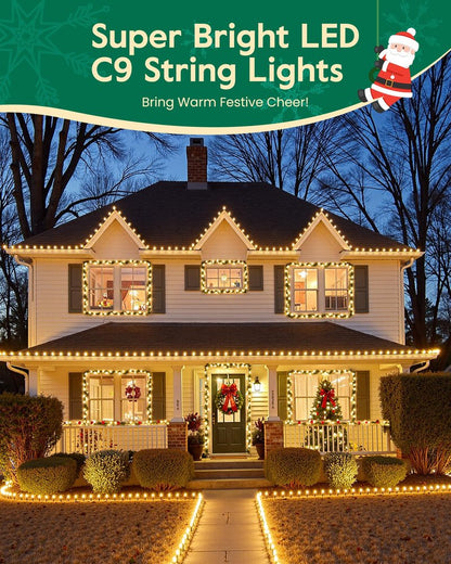 C9 Christmas Lights Outdoor with 100 Spring Clips, 65FT 100 LED C9 String Lights Waterproof Connectable for Roofline Patio House Yard Windows Indoor Outdoor Christmas Decorations, Warm White 2 Pack