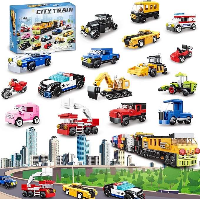 16 Pack Building Blocks Party Favors for Kids Lego-Compatible 2 in 1 710pcs Building Kits Mini City Vehicles Include Police Car &amp Train Christmas Toy Gifts Goodie Bag Filler Stuffers for Boys Gi