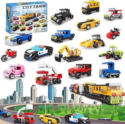 16 Pack Building Blocks Party Favors for Kids Lego-Compatible 2 in 1 710pcs Building Kits Mini City Vehicles Include Police Car &amp Train Christmas Toy Gifts Goodie Bag Filler Stuffers for Boys Gi