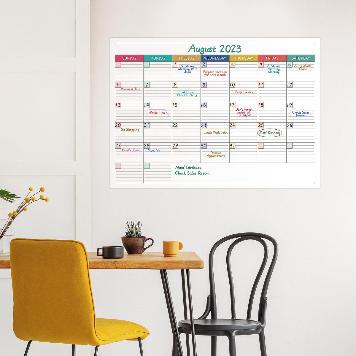 Large Dry Erase Calendar for Wall - Undated Dry Erase Calendar, Erasable Laminated Calendar for Wall with 8 Round Stickers, 40" x 28", Monthly Calendar for Office, Home, Classroom - Colorful