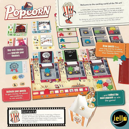 IELLO: Popcorn Strategy Board Game Manage a Movie Theater Attract Cinema Guests Competitive 60 Minute Play Time 2 to 4 Players for Ages 10+