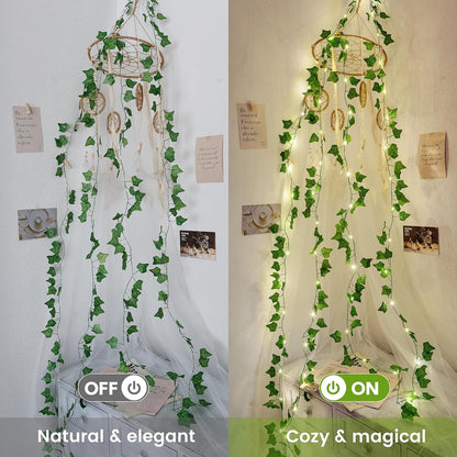 Skiennix Vine Leaf Fairy Lights - 23FT 73 LED Lighted Ivy Garland | Battery & USB Powered Warm White Decor