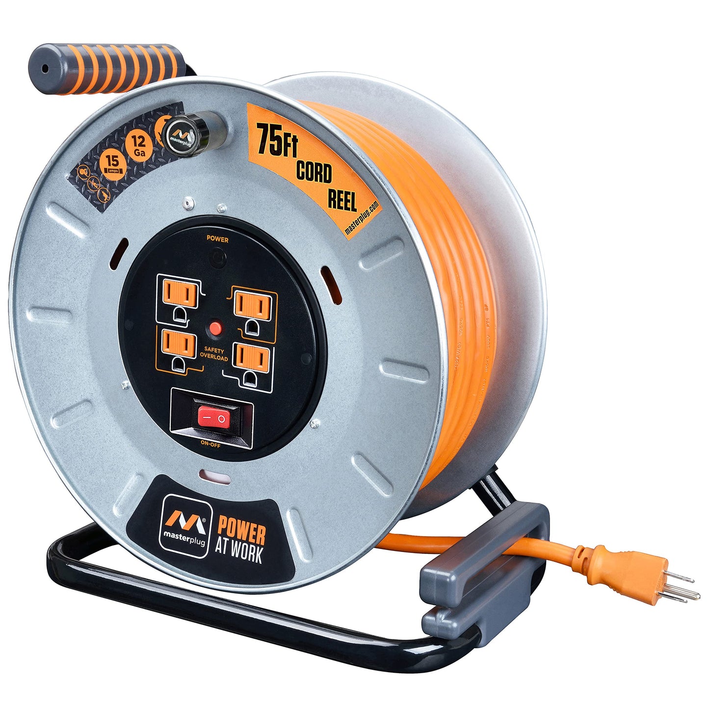 Masterplug Metal Steel Drum with Four Powered Outlets, Open Cord Reel Extension Cord with Winding Handle, Overload Circuit Breaker and Power Switch, 75 Feet 12AWG, High Visibility Cord