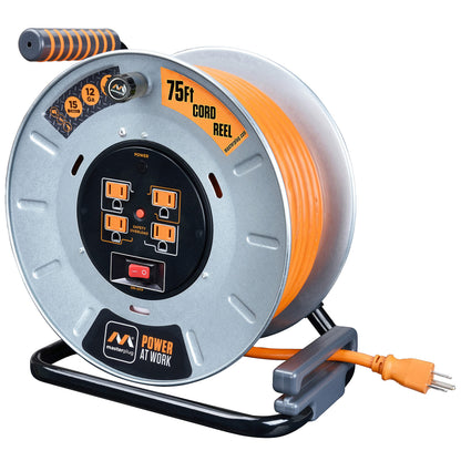 Masterplug Metal Steel Drum with Four Powered Outlets, Open Cord Reel Extension Cord with Winding Handle, Overload Circuit Breaker and Power Switch, 75 Feet 12AWG, High Visibility Cord