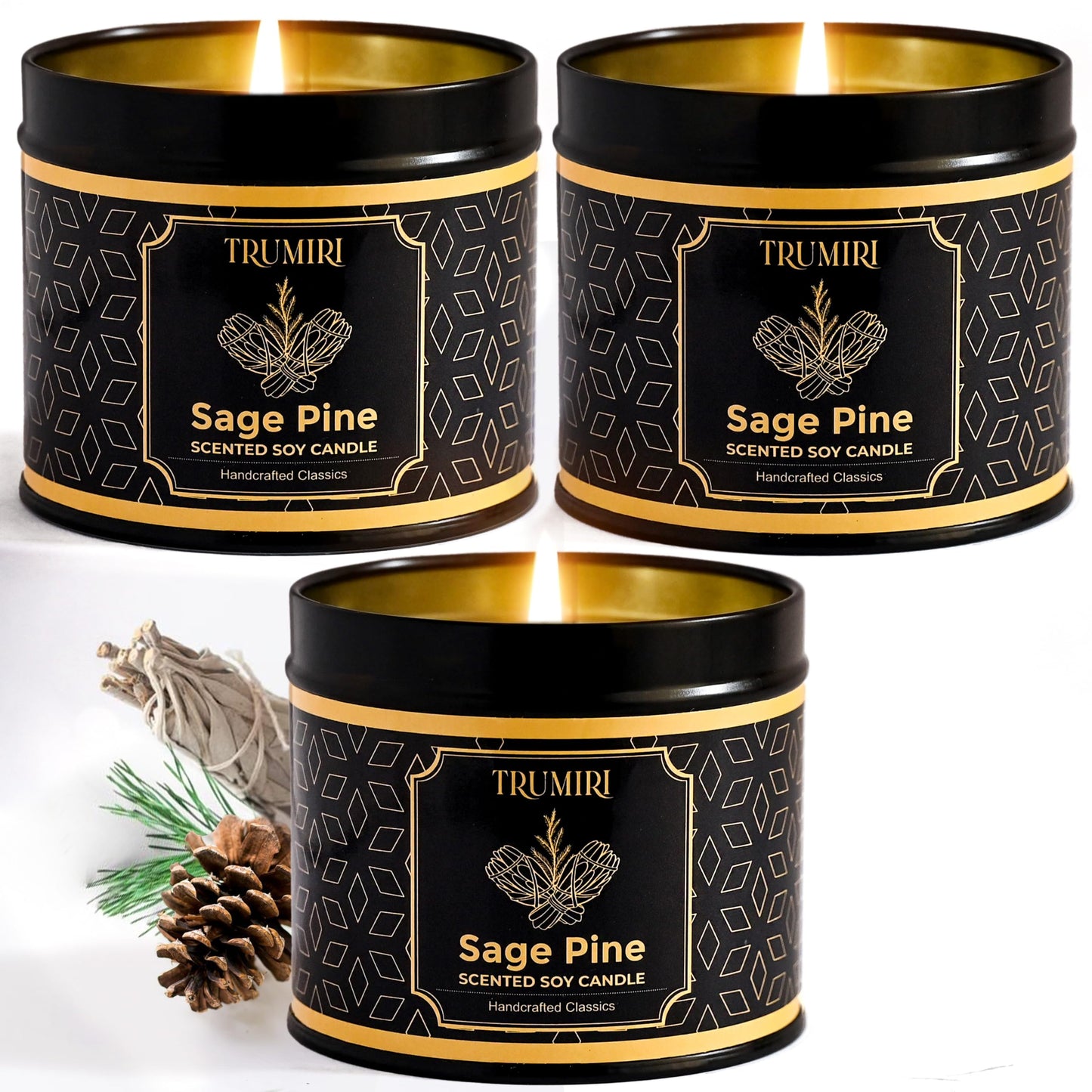 Sage & Pine Candle Strong Scented Soy Candel Natural Non Toxic Velas Aromáticas for Home Gift for Fall Christmas Holidays Pack of 3 5Oz Decorative Tin Jars with Lids