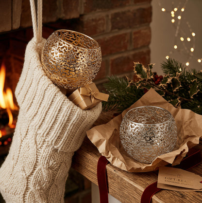 Metal Cut-Out Tealight Candle Holders Set of 2 – Geometric Lanterns for Table Centerpiece & Bathroom Spa – Shatterproof Holiday Decor, Winter Wedding (Gold/Silver)