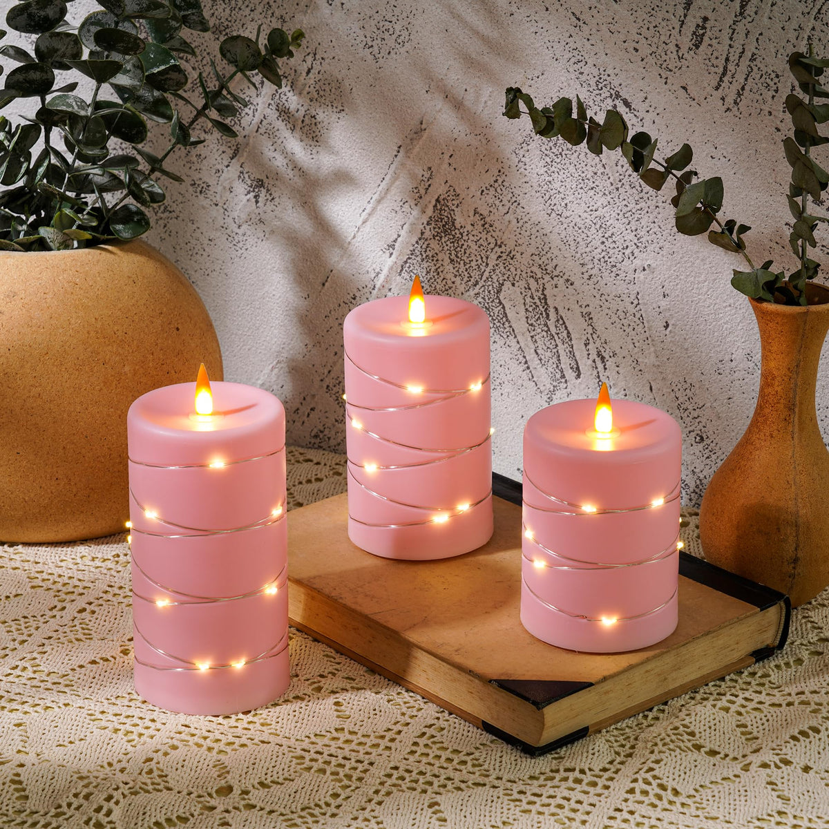 Fanzir Rose Pink Flameless Candles with String Lights Battery Operated Flickering LED Pillar Candles with Remote Control Timer, Set of 3 for Living Room, Table Décor, Christmas Weddings