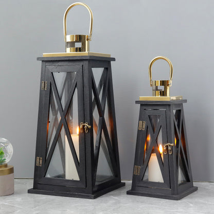 TRIROCKS Set of 2 Farmhouse Wood Candle Lantern 22'' &15.5'' H Decorative Candle Holders with Tempered Glass Rustic Hanging Lantern for Garden Patio Wedding Parties Indoor Outdoor(Black Trapezoid)