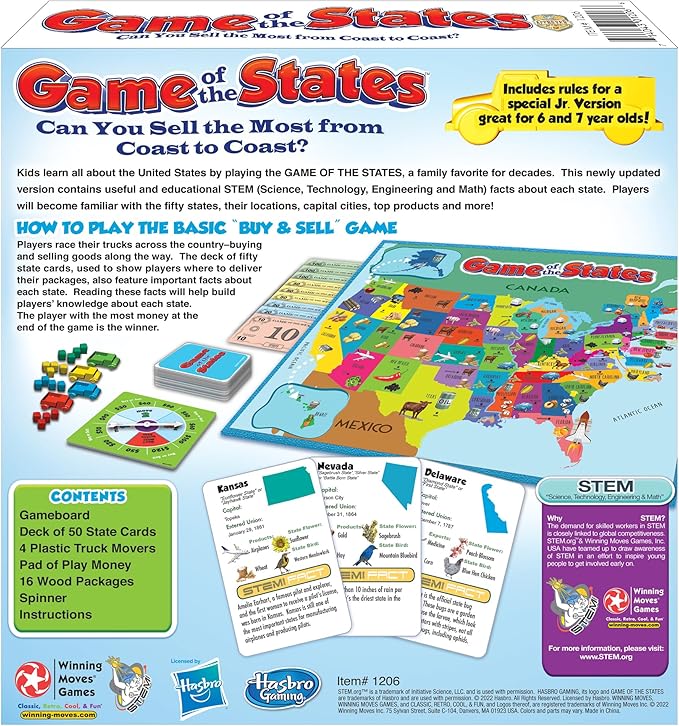Game of The States with 1970's Original Artwork by Winning Moves Games USA Children's Pick Up and Deliver Game for 2 to 4 Players Ages 8 and up