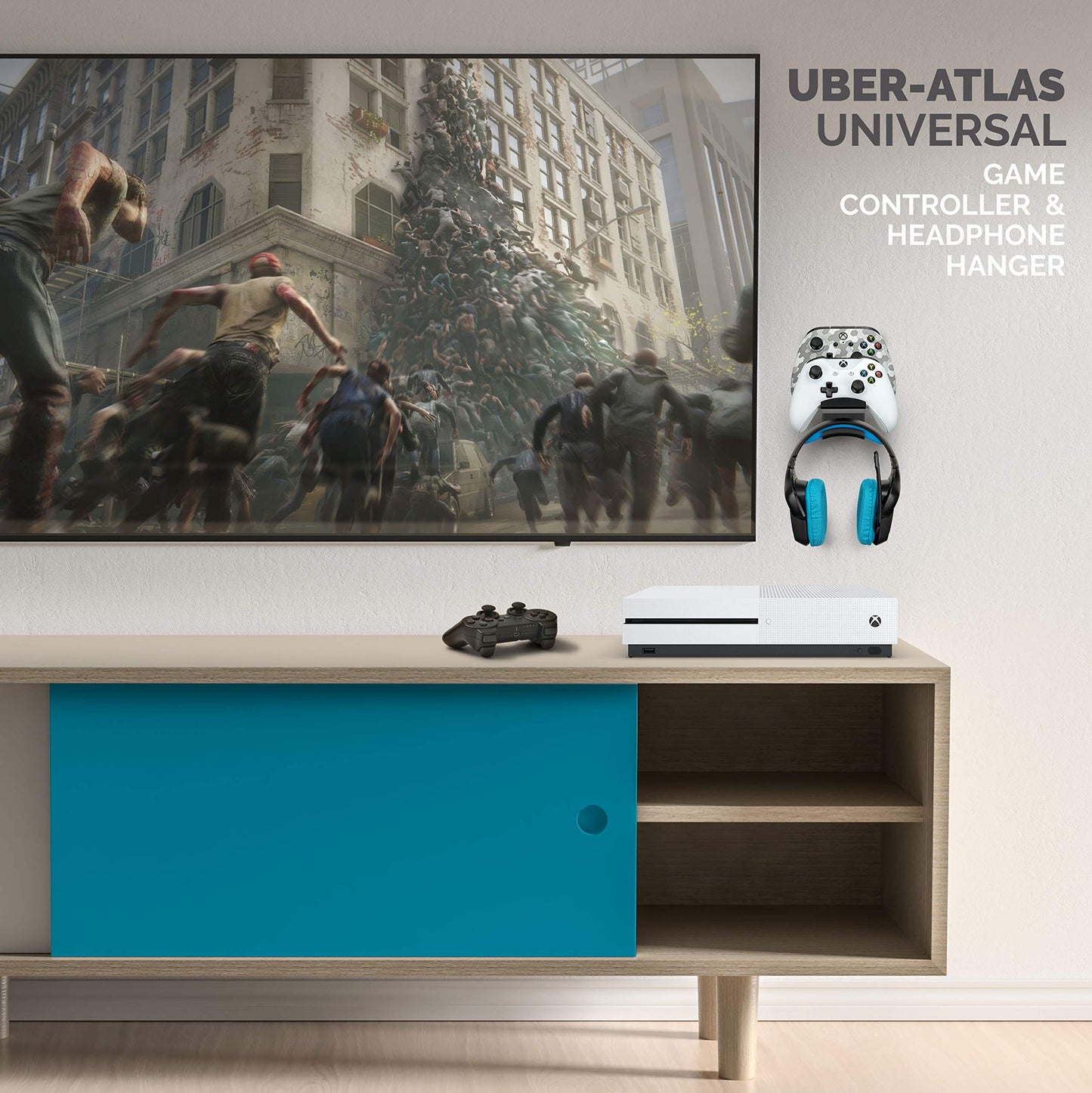 BRAINWAVZ The UberAtlas Dual Game Controller & Headphone Stand Wall Mount Holder for Xbox ONE, Series X, PS5, PS4, PS3, Switch, STEELSERIES Gamepad & More, Stay Organized No Screws