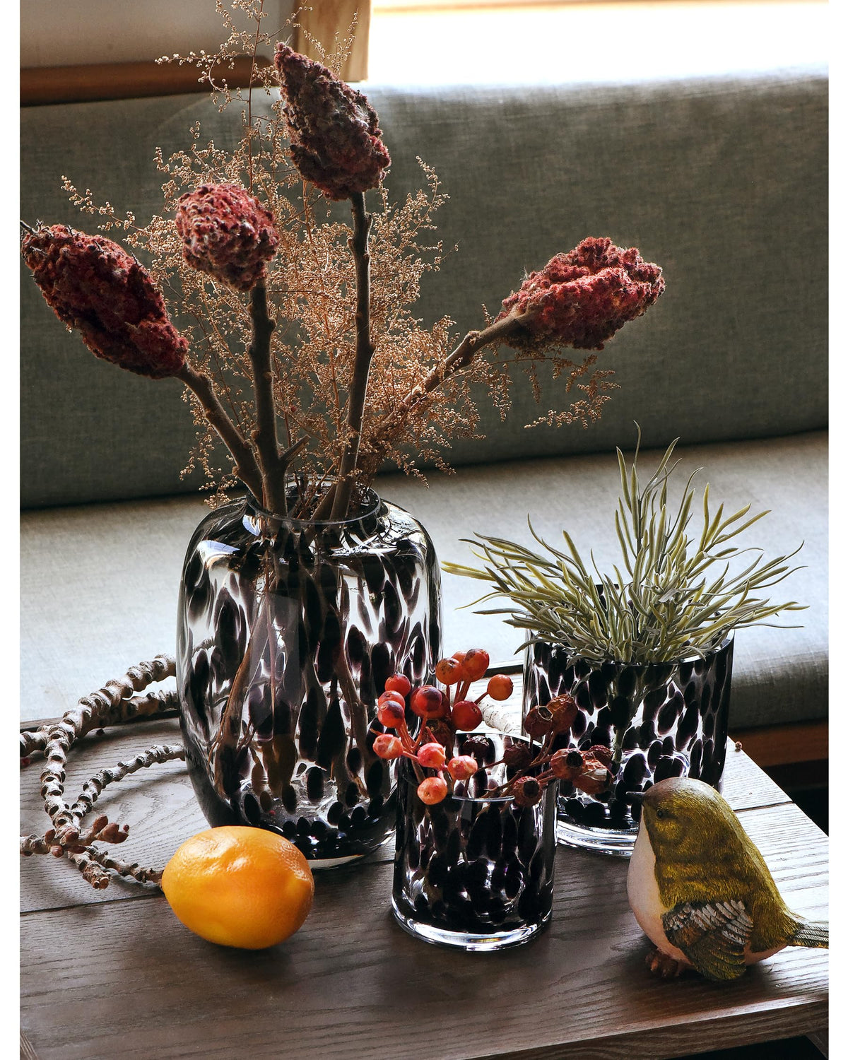 CONVIVA Glass Vase and Candle Holder Set, 3-Piece,Modern Fall Decor Table Centerpiece Thanksgiving Christmas Day Gift Idea,Flower Vase Black Tortoise Pattern