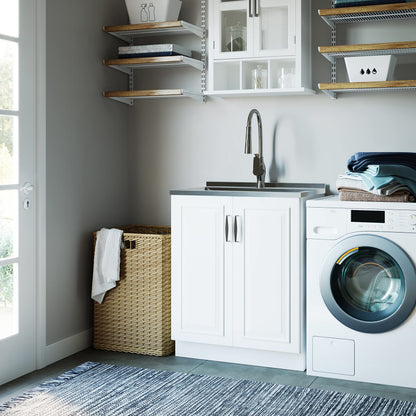 SIMPLIHOME Darwin All-in-One 28 inch Wide Utility Sink and Laundry Cabinet in Pure White Finish, Transitional Stainless Steel Sink Cabinet for Laundry Rooms with High-Arch Pull-Out Faucet and Storage