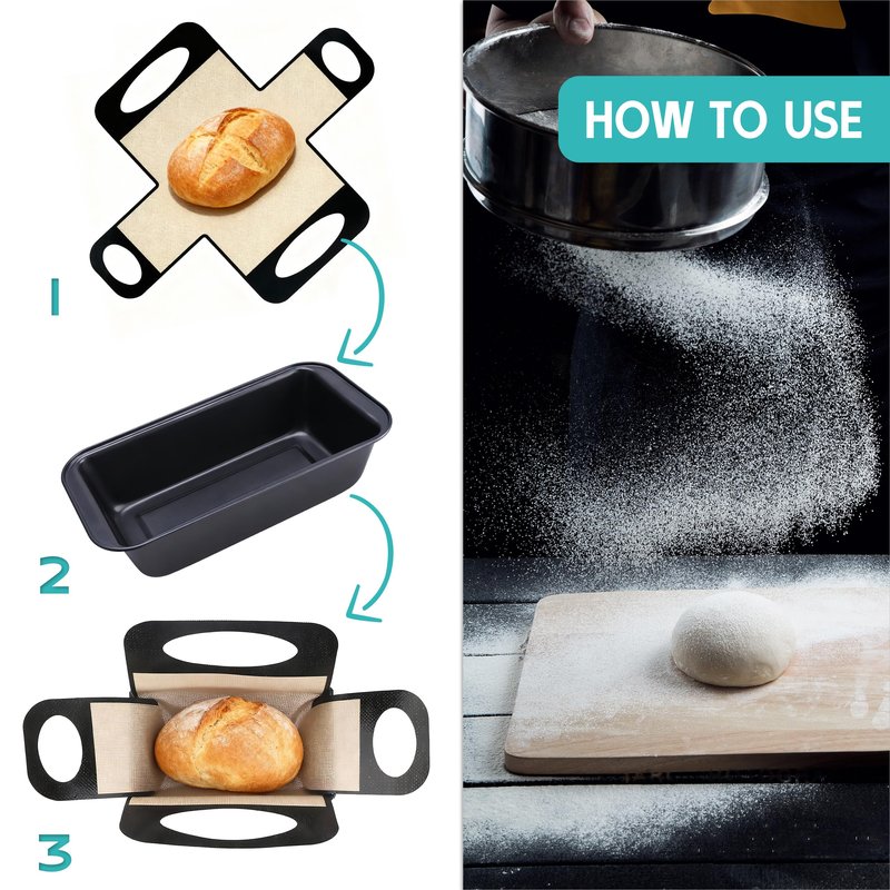 9 x 5 Loaf Pan Set with Silicone Bread Sling – 2 Bread Pans + 2 Nonstick Loaf Liners for Homemade Baking, Sourdough, Banana Bread, Sandwich Loaves – Rectangular Baking Tray for Kitchen Home Baker