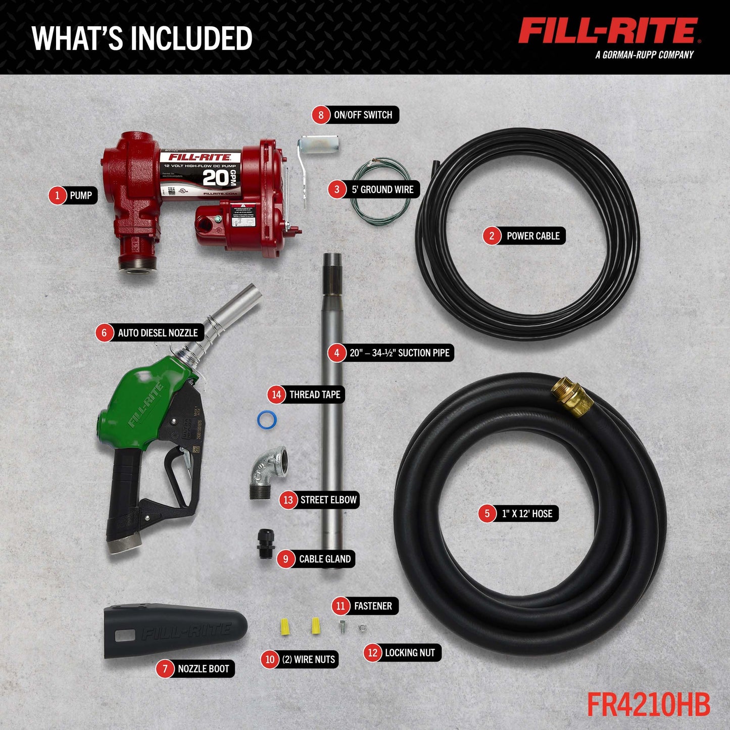 Fill-Rite FR4210HB 12V 20 GPM Fuel Transfer Pump with Discharge Hose & Automatic Nozzle, Red Gasoline, Diesel, Kerosene, Ethanol & Methanol Blends & Biodiesel