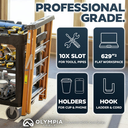 Olympia Tools Heavy Duty Utility Work Cart | 2 in 1 Convertible 3 Shelf to Flat Top Workstation | 660 lb Capacity, HDPE Frame, Ladder Hook, 4 Swivel Wheels | Tool Carts for Garage & Maintenance