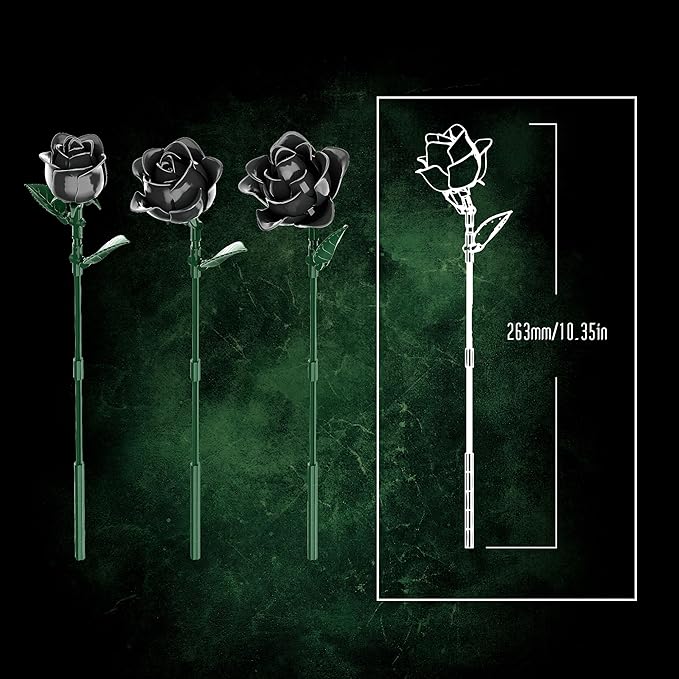 Gothic Black Rose Building Blocks Set - 585 PCS Dark Romance DIY Artificial Flowers Luxury Home Decor for Valentine's Day/Birthday Elegant Gift for Women &amp DIY Enthusiasts