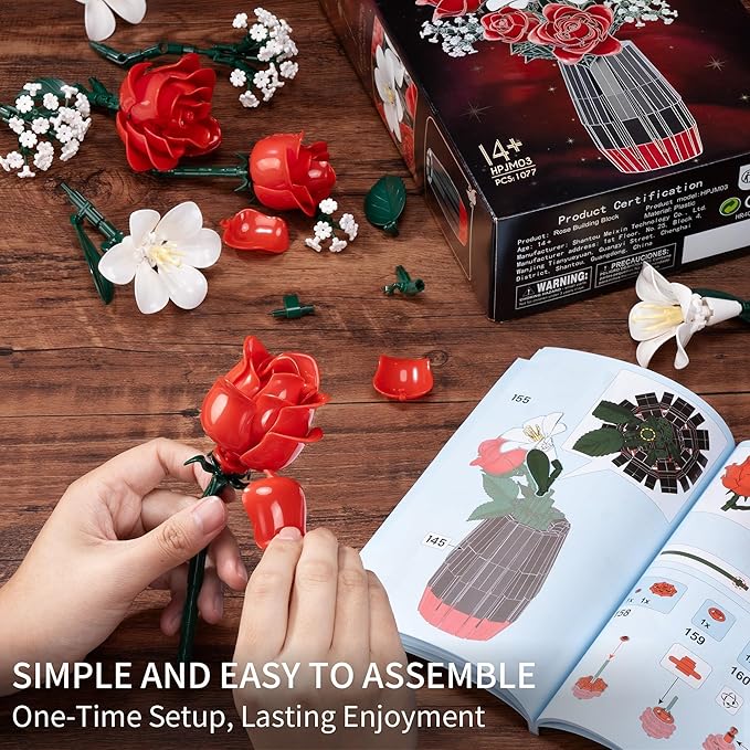 Rose Flowers Bouquet Building Set with Vase Included 1077 PCS Artificial Flowers Botanical Collection Kit for Adults Women Men &amp Teen Girl Mother's Day Birthday Gifts for Mom Her Wife Girlfriend