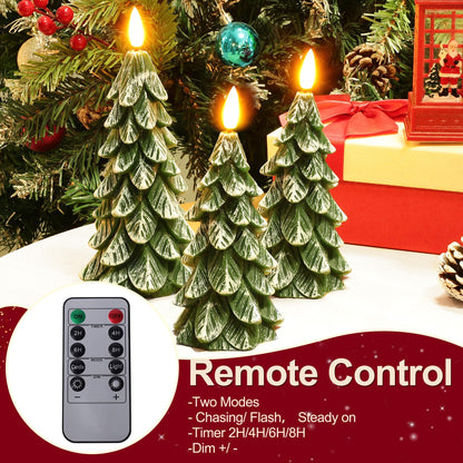 Peninpha 3Pcs Christmas Tree Candles with Remote Timer, Wax LED Flameless Candles Battery Operated with 3D Flickering Flame for Xmas Winter Décor,Green