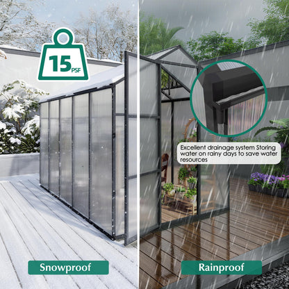 KEIKI 6x10 FT Polycarbonate Greenhouse for Outdoors, Heavy-Duty Walk-in Aluminum Greenhouse with Anchor Base, Light-Transmitting Panels & Drainage System, Black
