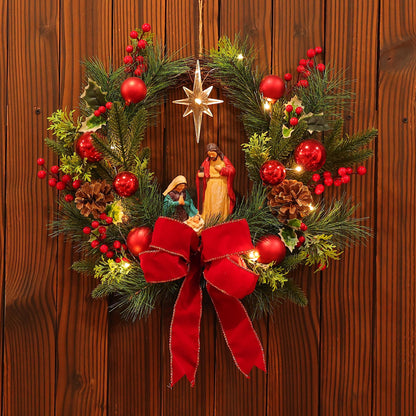 Moonet 19" Christmas Wreath with LED Lights Jesus Nativity Scene Garland for Home Hanging Ornament, Holiday Wreath with Lights for Front Door, Window, Fireplace