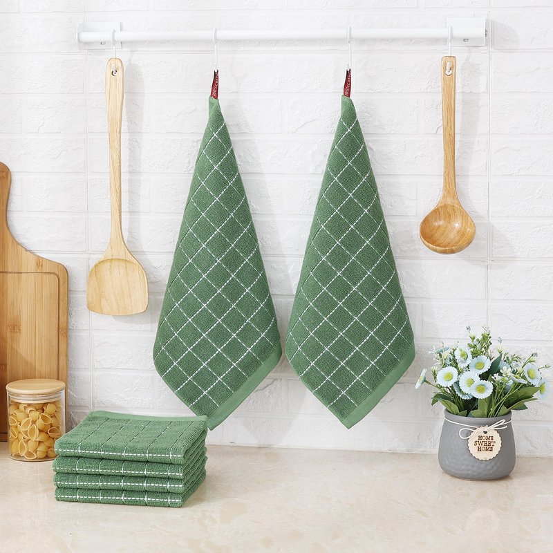 Homaxy 100% Cotton Terry Kitchen Dish Cloths, Ultra Soft and Absorbent Dish Towels for Kitchen, Suitable for Drying and Washing Dishes, 12 Pack, 12 x 12 Inches, Grass Green