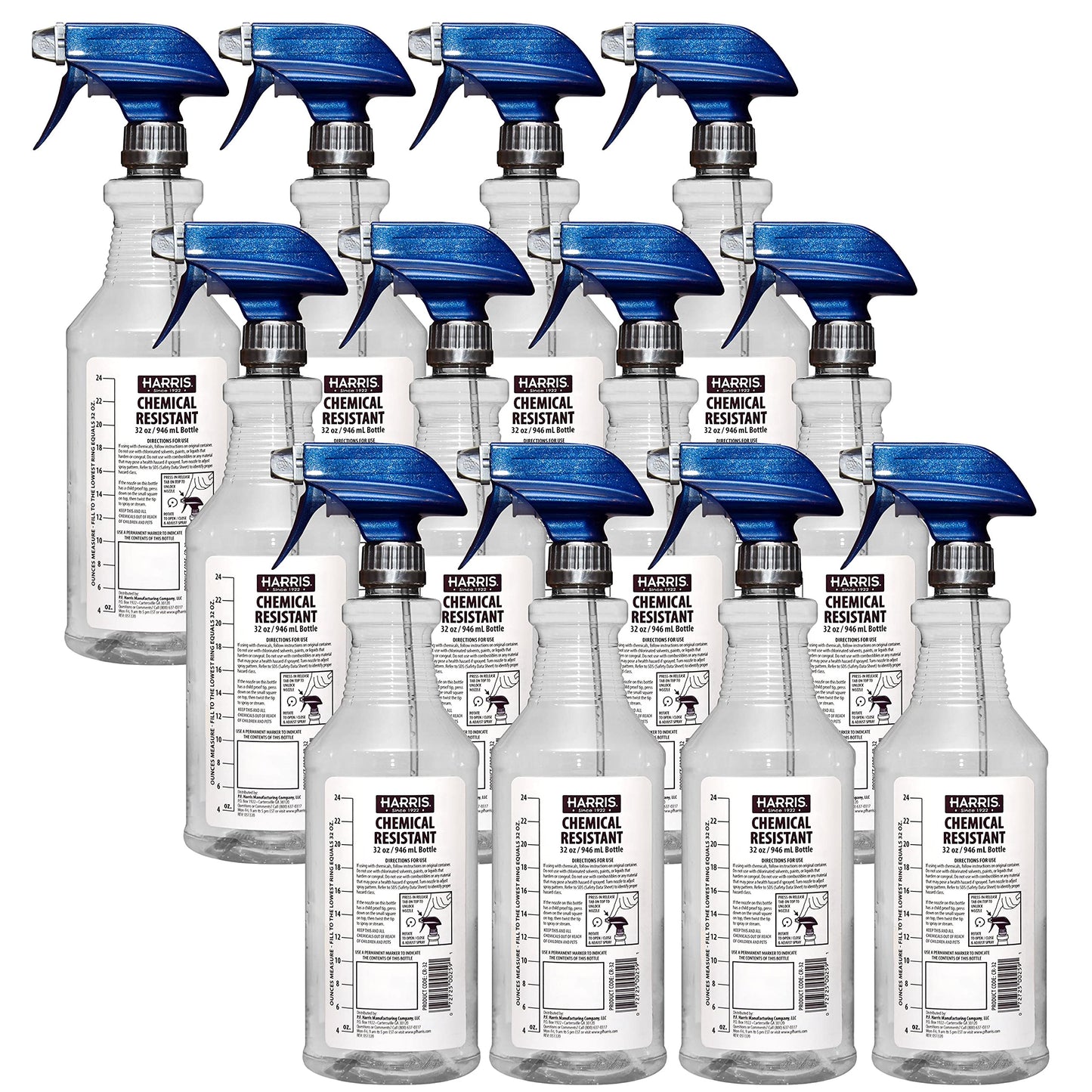 HARRIS 100% Chemically Resistant Professional Spray Bottles, 32oz (12-Pack)