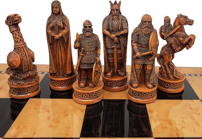 Antique Ivory &amp Brown Norse Viking Chess Set with 18 inch Walnut Color Board