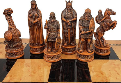 Antique Ivory &amp Brown Norse Viking Chess Set with 18 inch Walnut Color Board