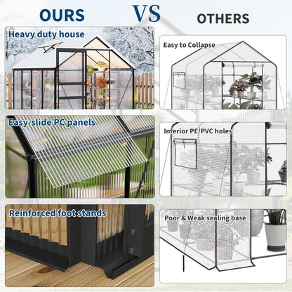 6x8FT Greenhouse for Outdoors, Walk-in Polycarbonate Greenhouse with Sliding Door, Adjustable Roof Vent & Gutter System, Portable Outdoor Green House Kit for Winter Gardening