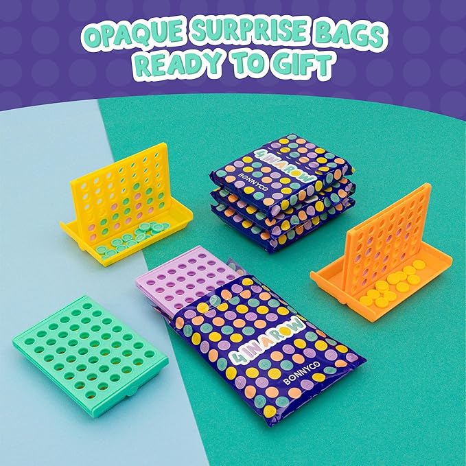 BONNYCO 4 in a Row Pack of 16 Birthday Party Favors for Kids Age 5-12. Classroom Prizes for Students Bulk Gifts Mini Travel Board Games and Toys Goodie Bags and Pinata Stuffers