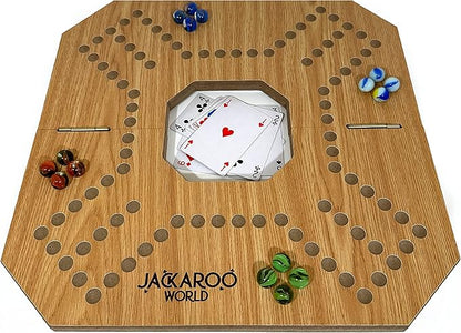 Jackaroo Board Game 2-4 Player Marble Strategy Game Solid Wooden Game with 16 Glass Marbles and 52 Cards Marbles and Jokers Board Game Marble Chase Game Foldable Board with Carry Bag (Oak)