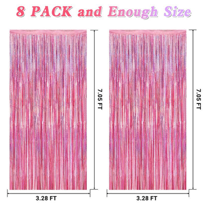 8 Pack Pink Backdrop, 3.28 FT x 7.05 FT Fringe Curtains, Metallic Glitter Pink Fringe Party Streamer Foil Curtains Tinsel Backdrop, Pink Decorations Bachelorette Valentines Day Party Supplies